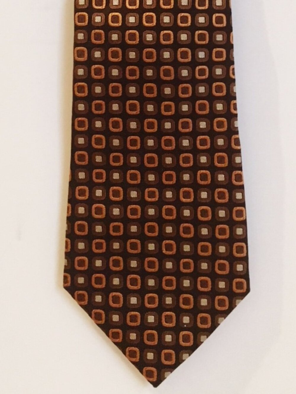 Alfani Neck Tie Copper Brown Silver Dots 100% Silk Mid Century Modern Geometric